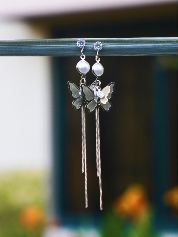 Black and Silver Butterfly Tassel Earrings