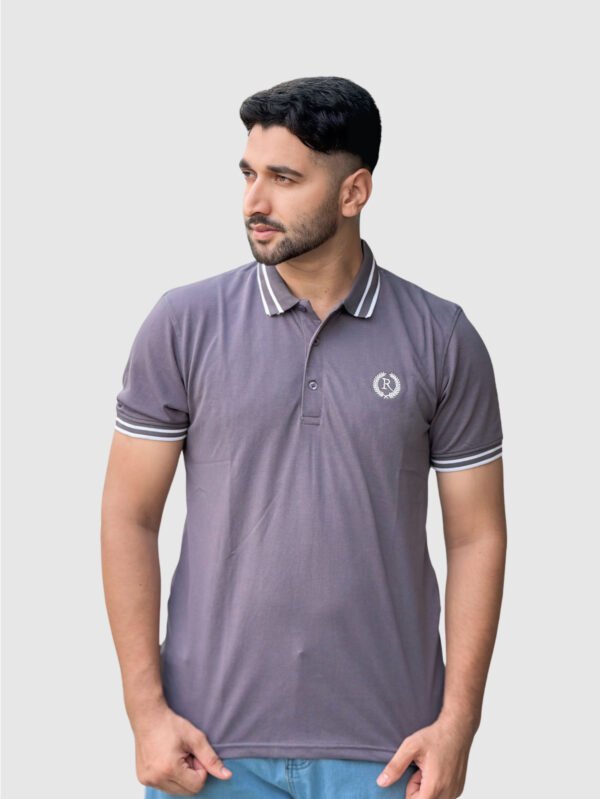 Grey Polo Shirt with White Striped Collar - Image 2