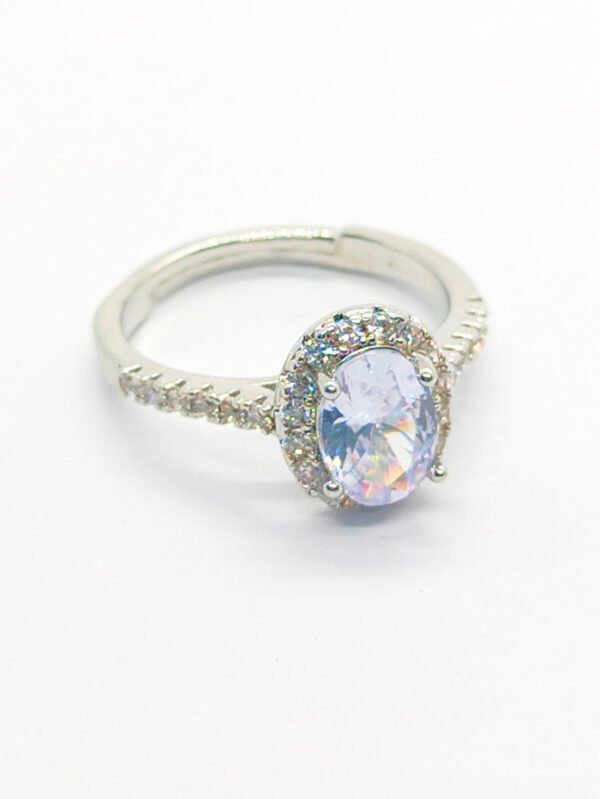White Oval Gemstone Ring with Diamond Halo in Silver (Adjustable)