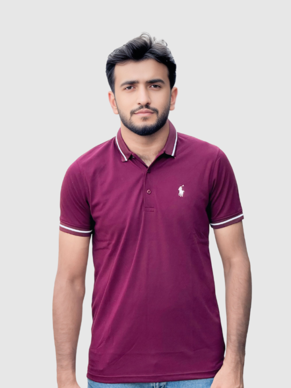 Maroon Polo Shirt with White Stripe Detailing - Image 2